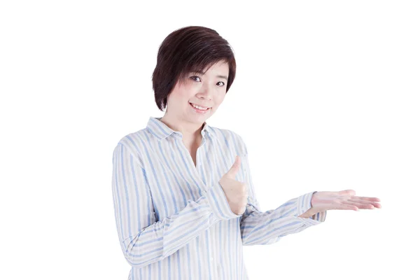 Asian woman showing excellent in her hand — Stock Photo, Image