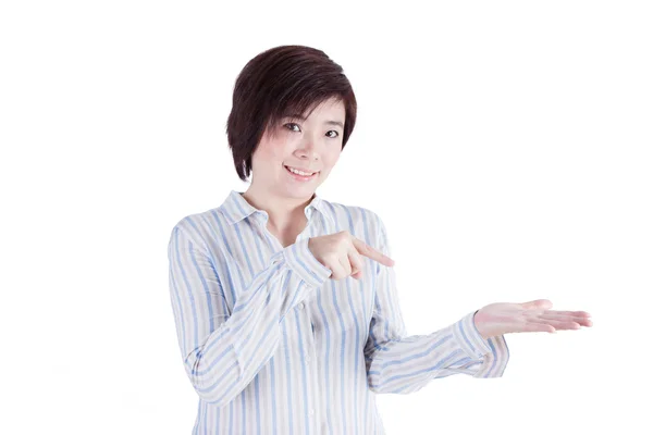 Asian girl showing something in her hand — Stock Photo, Image