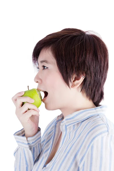 Asian woman eating an green apple — Stock Photo, Image