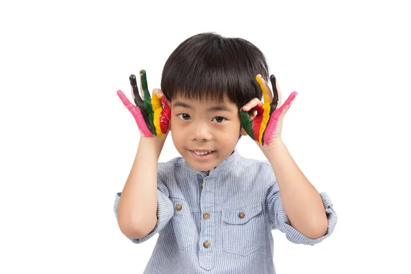 Handsome boy acting OK symbols with colorful painting — Stock Photo, Image