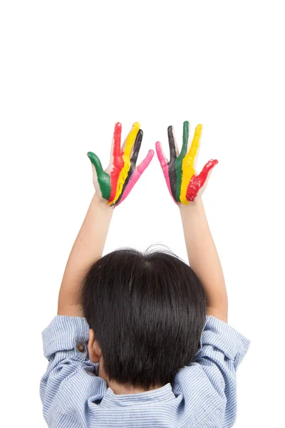 Asian boy raise his colorful hands into the sky — Stock Photo, Image