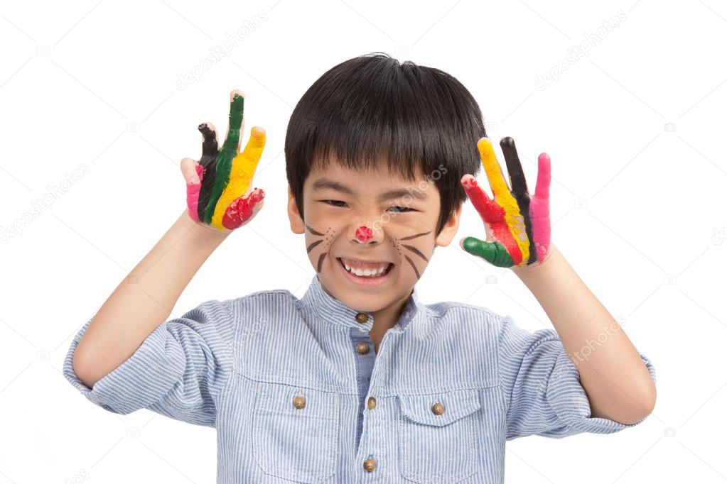 cute boy colorful painting pretend like cat
