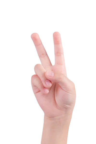 Kleine Hand, die das Zeichen Nummer zwei simuliert. isoliert auf weiß — Stockfoto