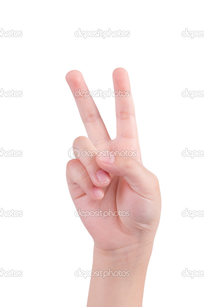 small hand simulating showing number two sign. Isolated on white