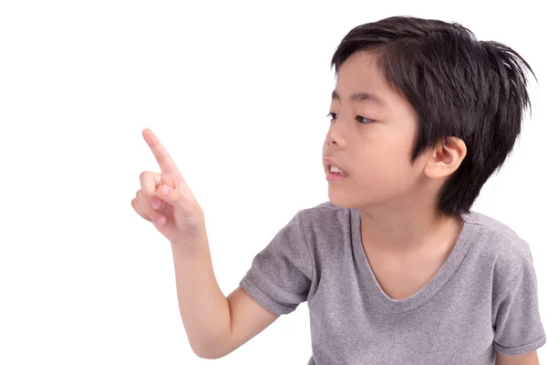 Lycklig pojke peka med fingret - isolerade över en vit backg — Stockfoto