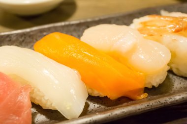 somon ve çiğ balık eti çeşitli boyut ve te'nın birkaç tür