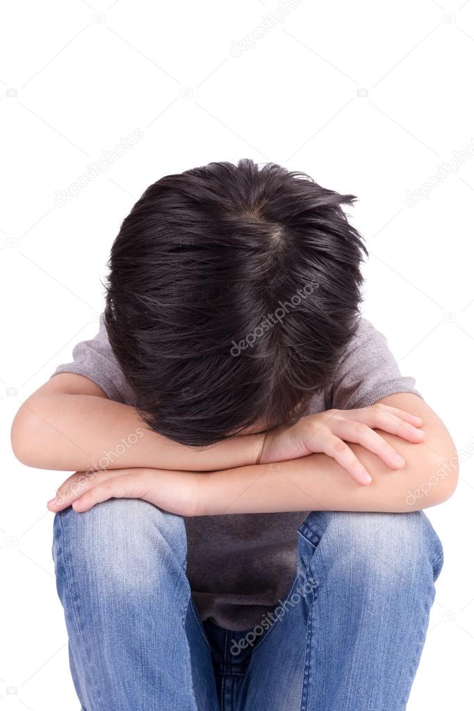 Sad lonely child isolated on white background