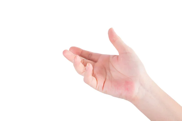 Mano de mujer abierta vacía sobre fondo blanco — Foto de Stock