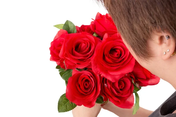 Mujer con rosa sobre blanco —  Fotos de Stock