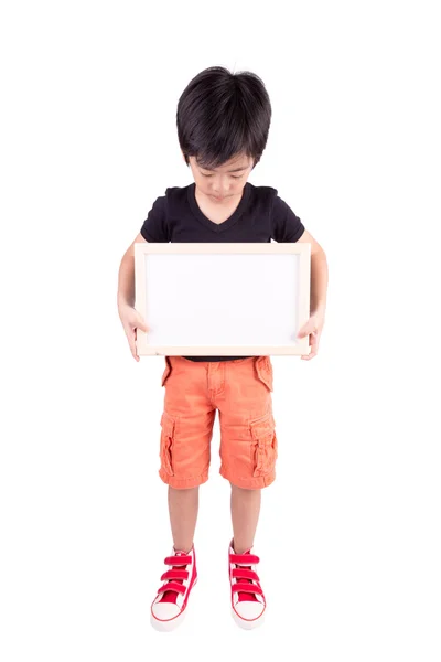 Portrait of happy little boy with white blank isolated on white — Stock Photo, Image