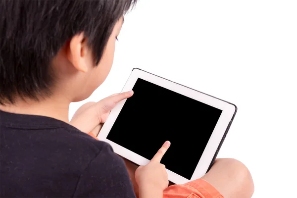 亚洲男孩玩平板电脑上白色孤立的手 — 图库照片