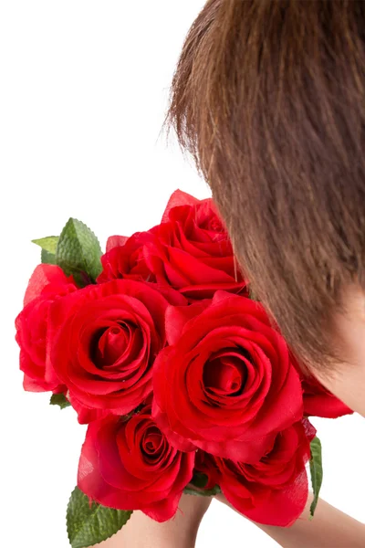 Beautiful woman with rose backview isolated — Stock Photo, Image