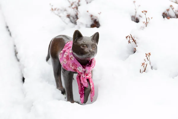 Hakodate, hokkaido, Japonya kar üzerinde kedi heykeli — Stok fotoğraf