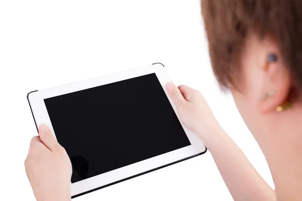 Mulher usando computador tablet digital PC isolado no backgro branco — Fotografia de Stock