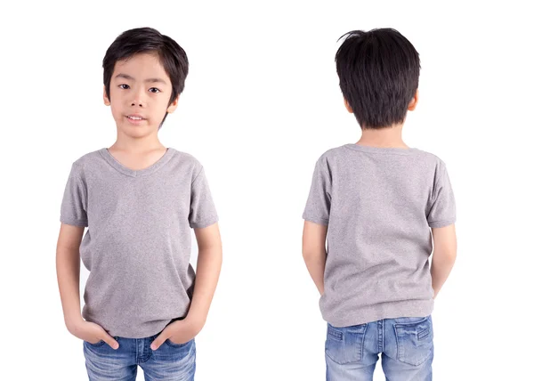 Graues T-Shirt auf einem jungen Mann isoliert, vorne und hinten — Stockfoto