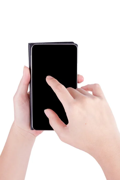 Mobile phone in hands isolated on white background — Stock Photo, Image