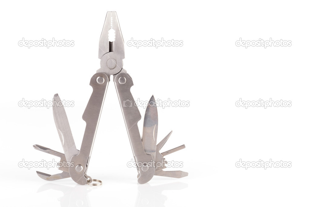 a metallic multitool isolated on white
