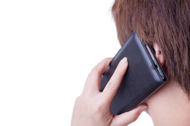 arka görünümü Kopyala ile mobil cep telefonuyla konuşan kadının sp
