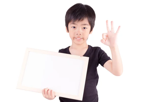 Portrait of happy schoolboy with white blank isolated on white b — Stock Photo, Image