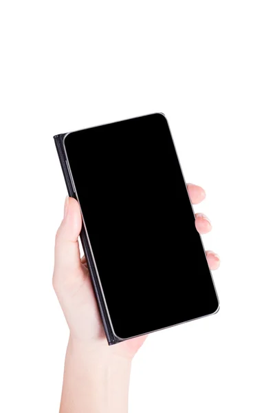 Ізольована жінка рука тримає телефон з ізольованим екраном — стокове фото