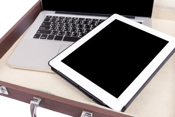 Modern white tablet pc in briefcase isolated on white — Stock Photo, Image