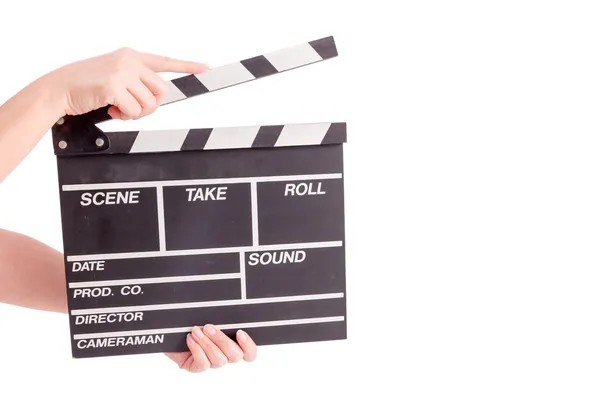 Kobieta film produkcji klapy deska na białym tle na b biały — Zdjęcie stockowe