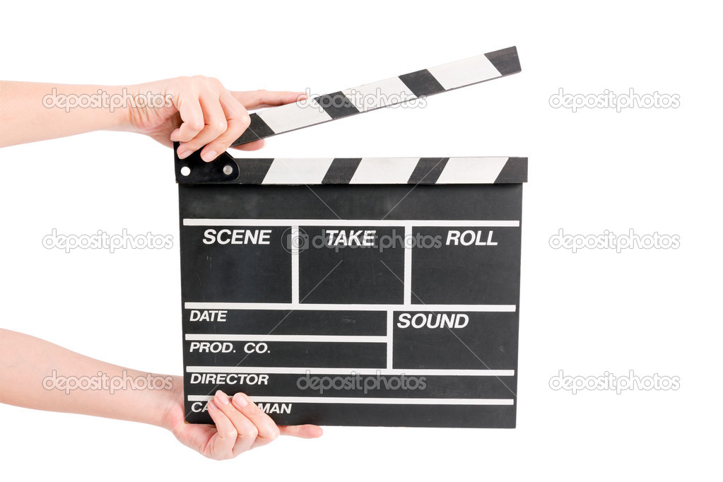 woman holding movie production clapper board isolated on white b