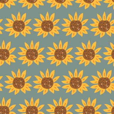 Koyu mavi arka planda kusursuz Ayçiçeği deseni, el çizimi arkaplan. Mevsimlik Sonbahar, Sonbahar ve Şükran Günü için tekrarlanabilir motif. Tuğla basit, pürüzsüz biçimi tekrarla.