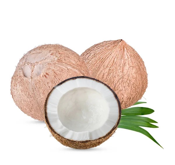 Свежий Сырой Кокосовый Набор Пальмовыми Листьями Белом Фоне Высокого Разрешения — стоковое фото