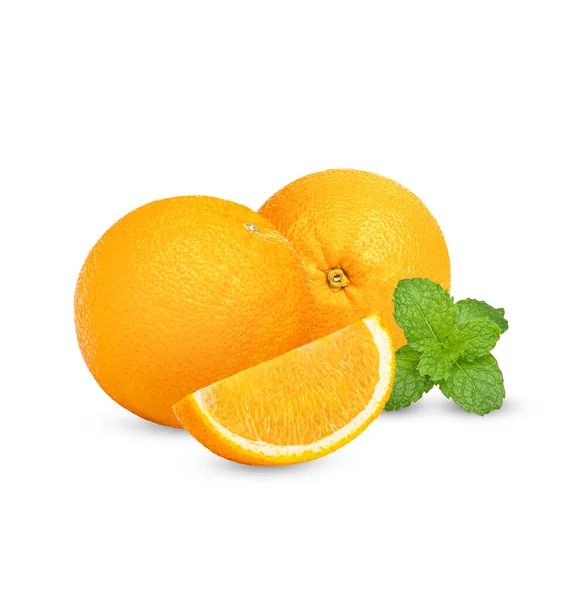 Fruta Naranja Fresca Con Rodajas Naranja Hojas Menta Aisladas Sobre — Foto de Stock