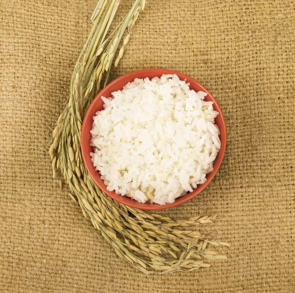 Red Bowl Jasmine Rice Grains Sackcloth — Photo