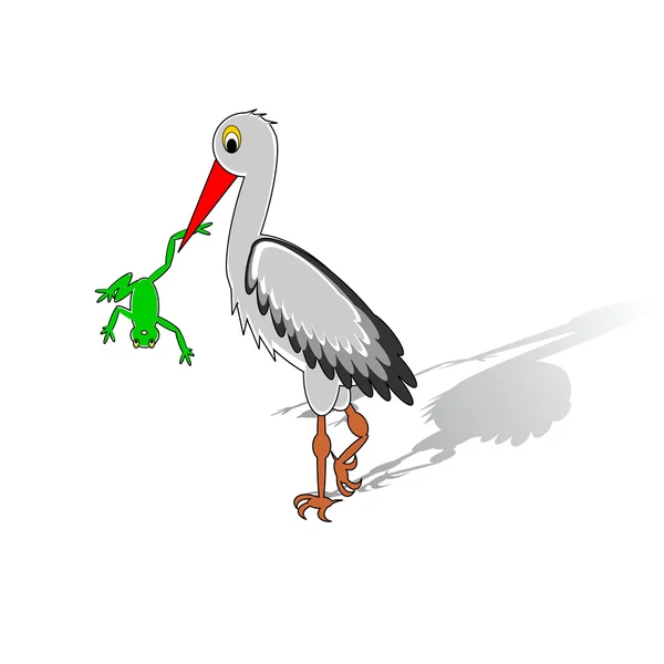 Une cigogne de dessin animé tenant une grenouille dans son bec — Image vectorielle