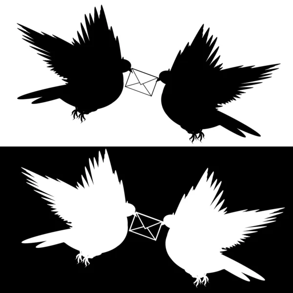 Monochrome silhouette of two flying doves with a letter — Stock Vector