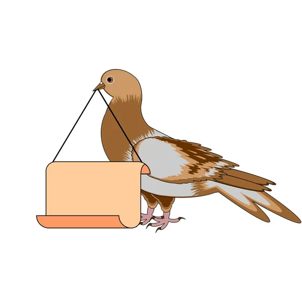 Un piccione con un grosso foglio bianco nel becco — Vettoriale Stock