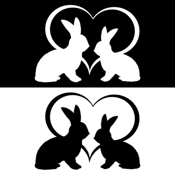 Silhouette monocromatica di due conigli e un cuore — Vettoriale Stock