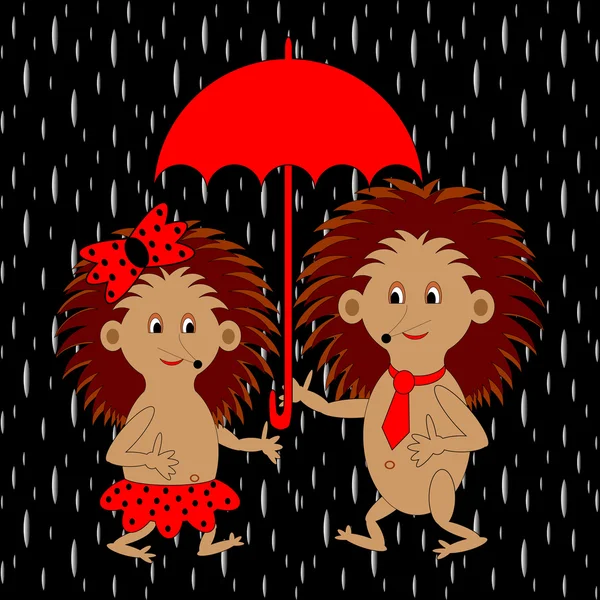 Um par de ouriços engraçados dos desenhos animados sob guarda-chuva vermelho no ra — Vetor de Stock