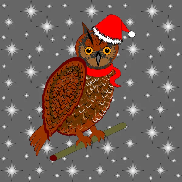 A Christmas owl on a snowing background — Stock Vector