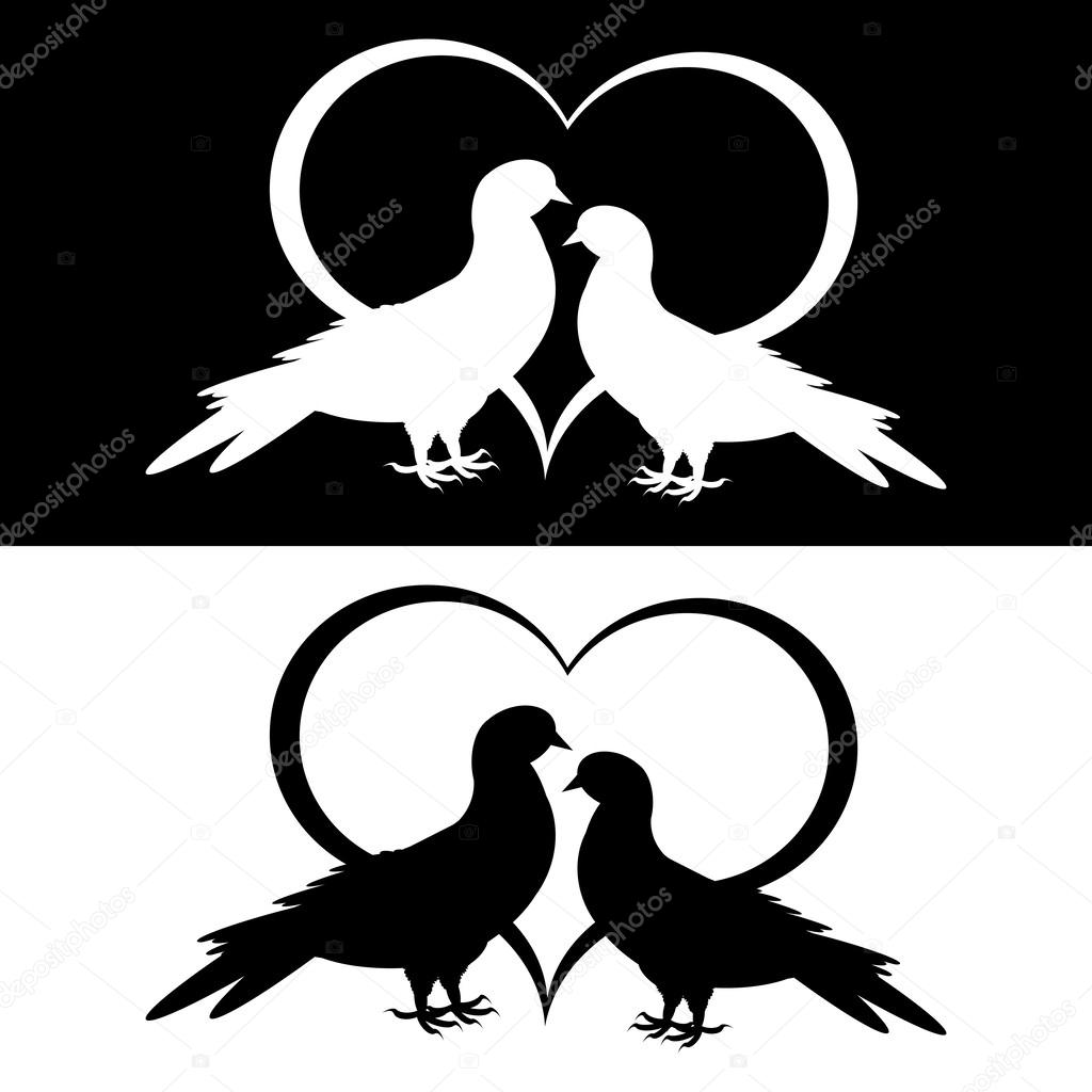 Monochrome silhouette of two doves and a heart