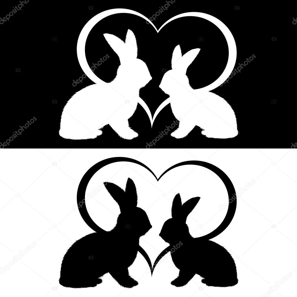 Monochrome silhouette of two rabbits and a heart