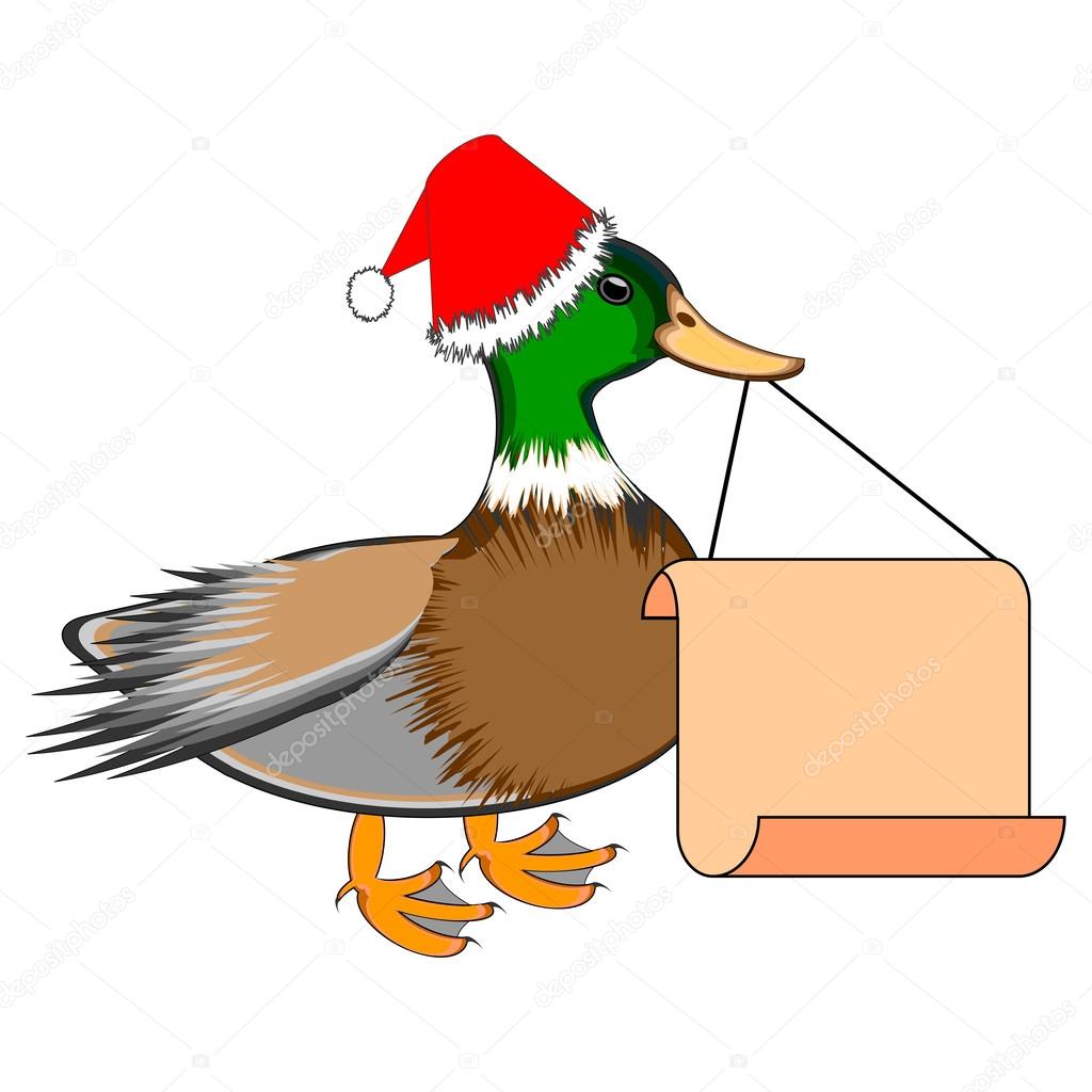 A Christmas duck with a big blank paper in his beak