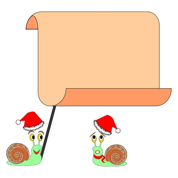 Two funny Christmas cartoon snails with a big blank paper — Stock Vector