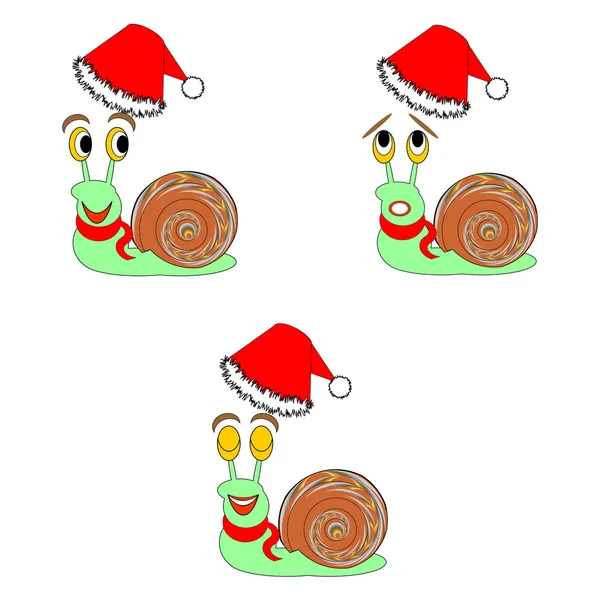 Escargots de Noël drôles avec différentes expressions faciales — Image vectorielle