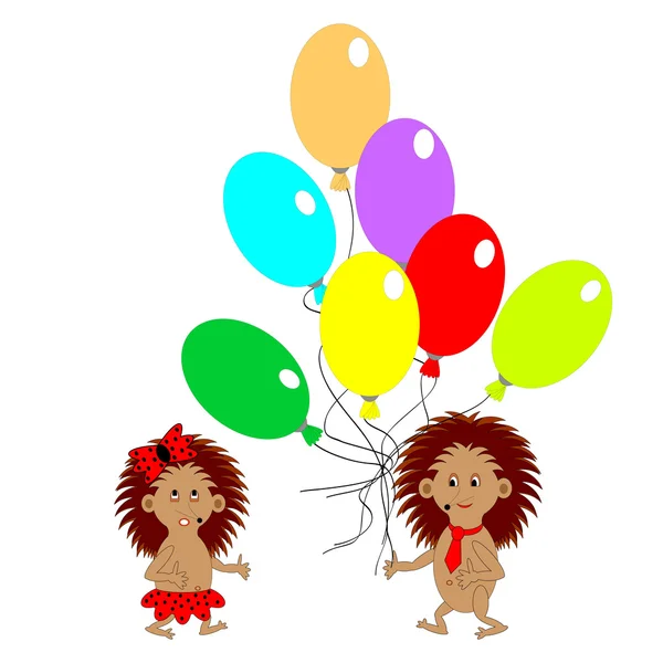 A couple of funny hedgehogs with many colorful balloons — Stock Vector
