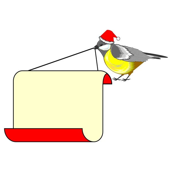 Ein niedlicher Weihnachtsvogel (Meise) mit einem großen leeren Papier in der Hand — Stockvektor