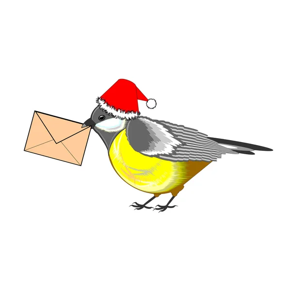 A Christmas titmouse with a letter in its beak — Stock Vector