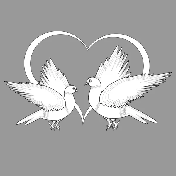 Un boceto monocromo de dos palomas voladoras y un corazón — Vector de stock