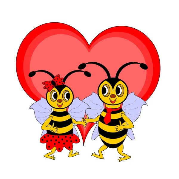 Un paio di divertenti api dei cartoni animati con un cuore rosso — Vettoriale Stock