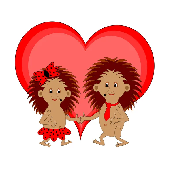 A couple of funny cartoon hedgehogs with a red heart — Stock Vector