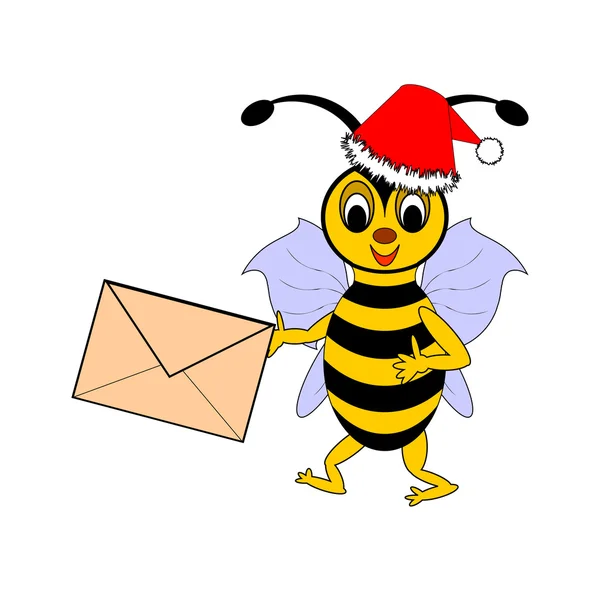 O albină amuzantă de desene animate de Crăciun cu o scrisoare în mână — Vector de stoc
