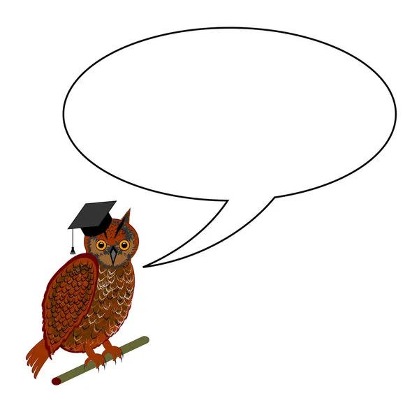 Un búho usando una gorra de graduación con una burbuja del habla — Vector de stock